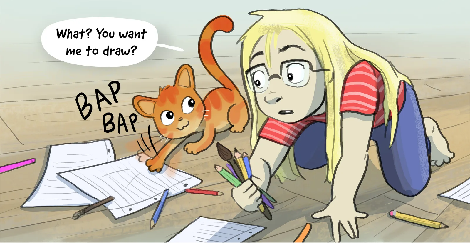 Pumpkin — young Raea drawing with Pumpkin the cat